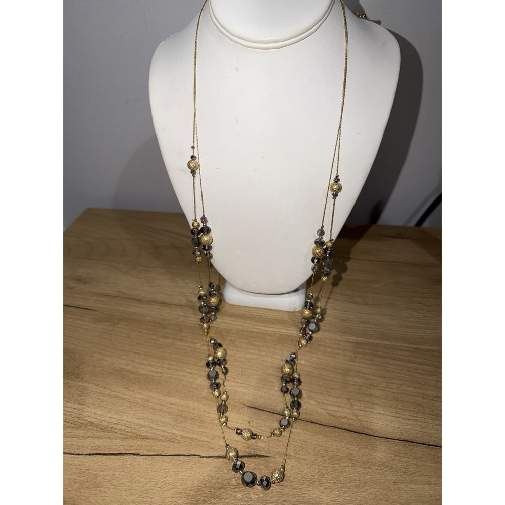 Gold Tone Multi Strand Long Beaded Necklace Smoky Quartz Style Layering‎